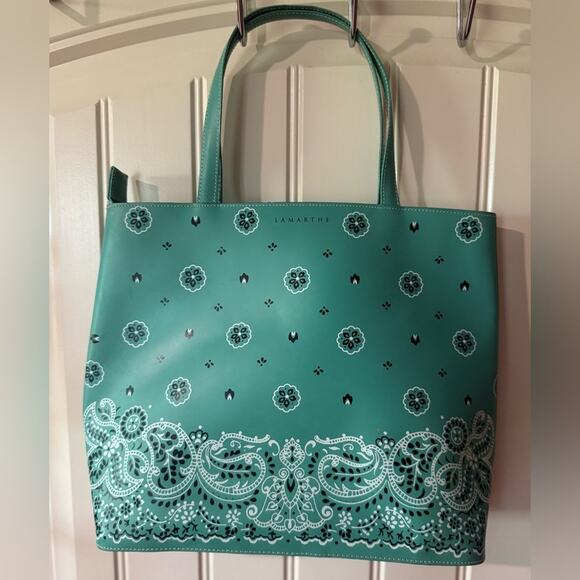 LAMARTHE 💙 Aqua/Teal Leather Tote Bag, Zipper Closure - Picture 3 of 11